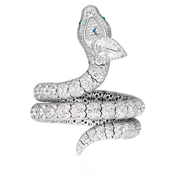 18K White Gold Graff Full Pave Diamond and Emerald Snake Bracelet Watch imitation