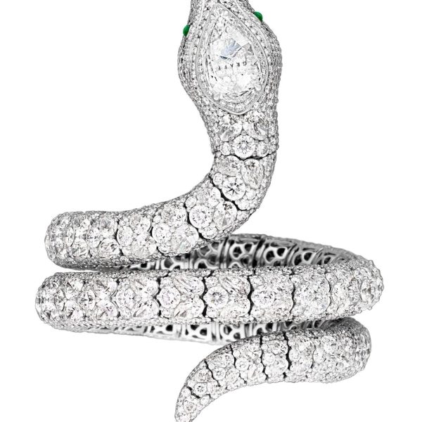 18K White Gold Graff Full Pave Diamond and Emerald Snake Bracelet Watch imitation