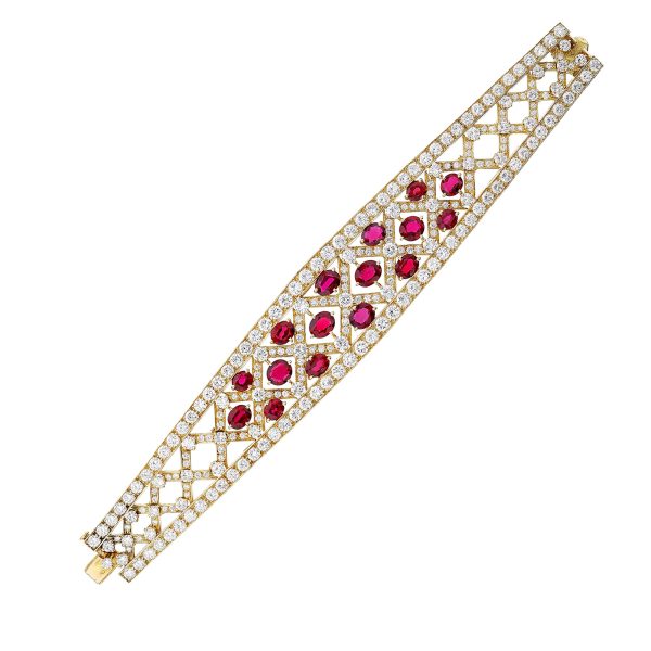 Custom bespoke Van Cleef Vintage oval ruby and diamond bracelet