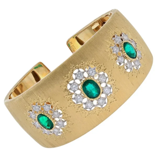Replica 18K White and Yellow Gold Buccellati Emerald and Diamond Cuff Circa 1980