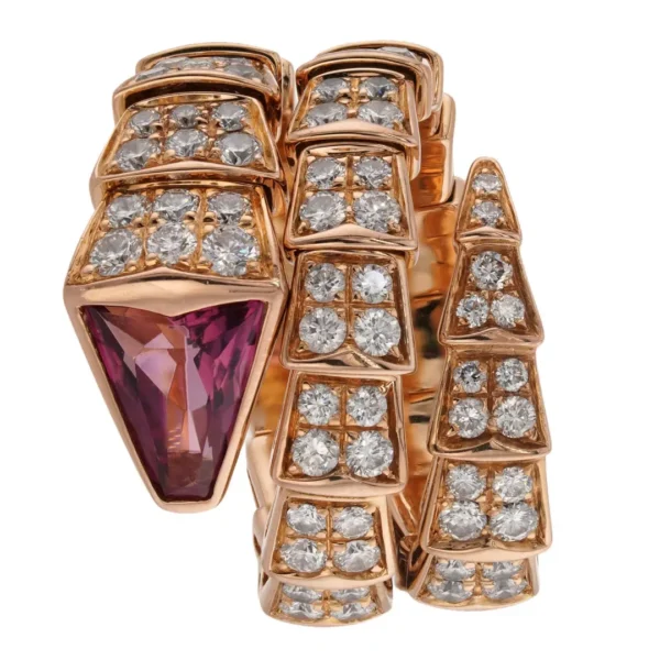 Bulgari Serpenti viper ruby and pave diamond ring 3 row