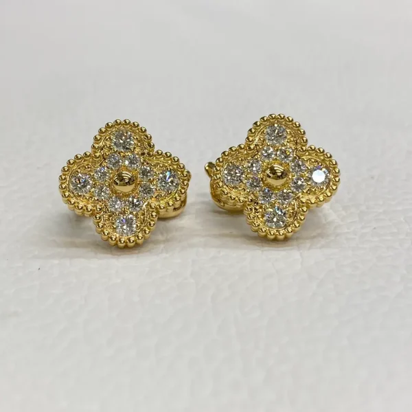 18K Yellow Gold Van Cleef Arpels Vintage Alhambra Earrings Pave Diamonds VCARA44700