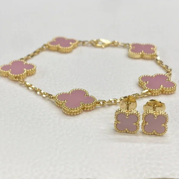 18K Yellow Gold Van Cleef Arpels Vintage Alhambra Pink Mother-of-Pearl Shell Bracelet 5 Motifs
