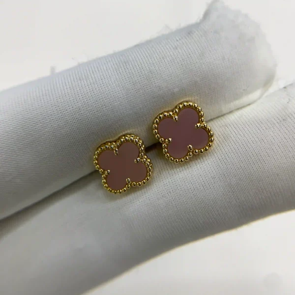 18K Yellow Gold Van Cleef Arpels Vintage Alhambra Pink Mother-of-Pearl Shell Earrings