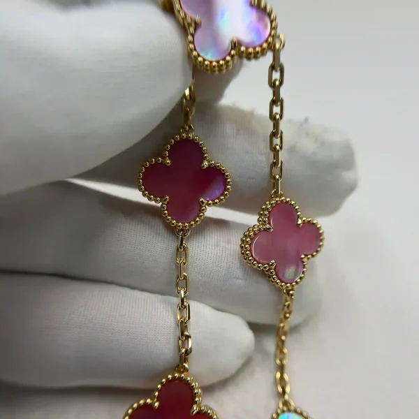 18K Yellow Gold Van Cleef Arpels Vintage Alhambra Pink mother-of-pearl 5 Motifs Bracelet