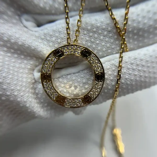 18K Yellow Gold Cartier LOVE Pendant Paved Diamond Necklace Ref. B7058400