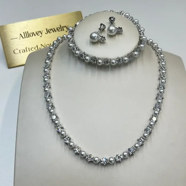 Custom 925 Sterling Silver Pearl Jewelry Set with Cubic Zirconia Bracelet Necklace Stud Earrings