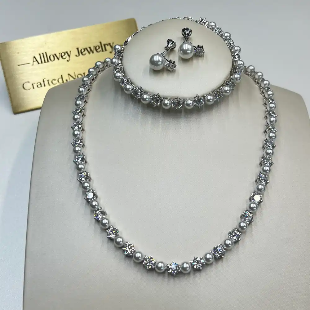 Custom 925 Sterling Silver Pearl Jewelry Set with Cubic Zirconia Bracelet Necklace Stud Earrings (2) Custom 925 Sterling Silver Pearl Jewelry Set with Cubic Zirconia Bracelet Necklace Stud Earrings