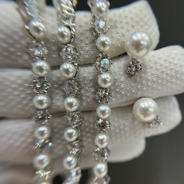 Custom 925 Sterling Silver Pearl Jewelry Set with Cubic Zirconia Bracelet Necklace Stud Earrings